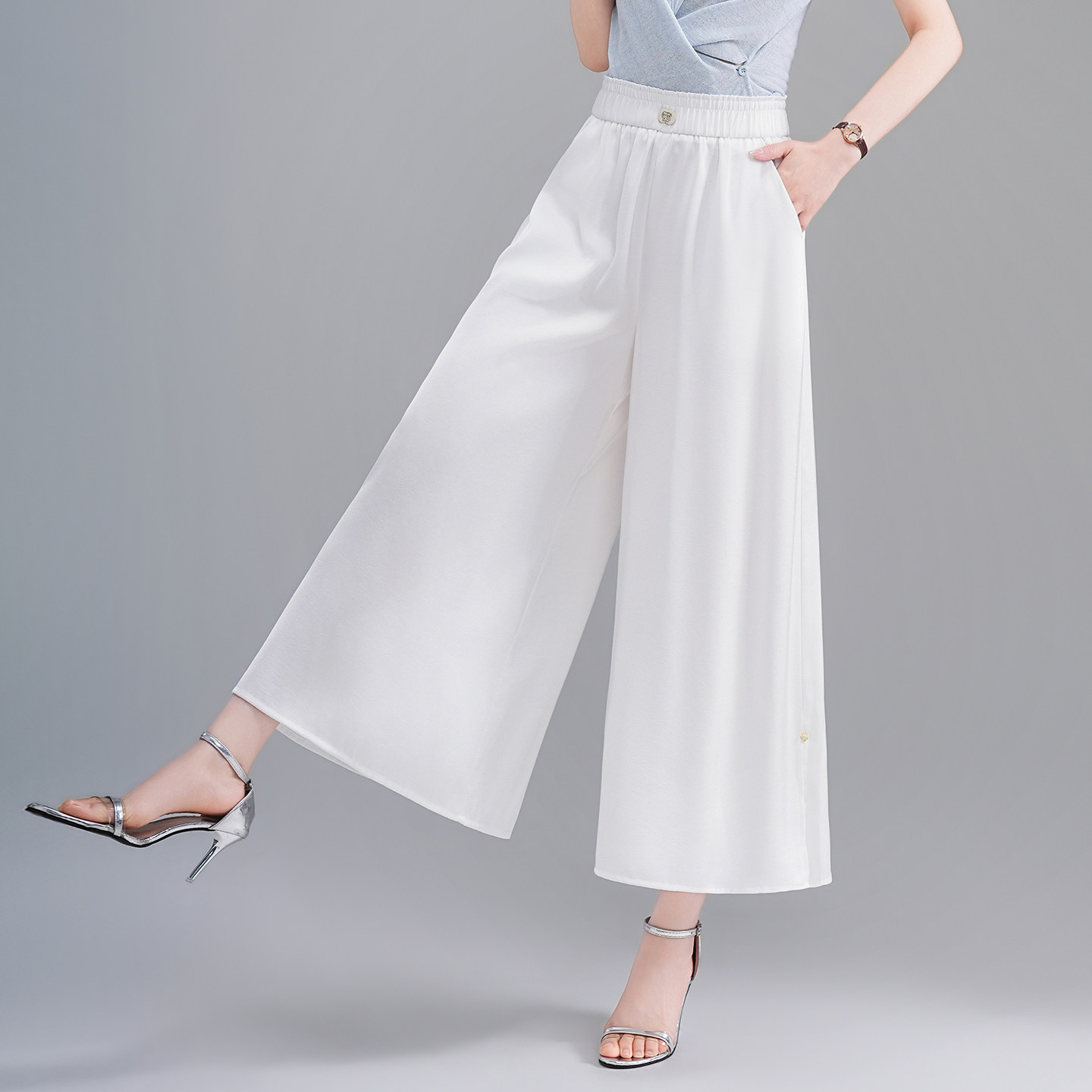 白色高级感醋酸阔腿休闲裤女2026夏季薄款八分裤百搭时尚垂感裙裤
