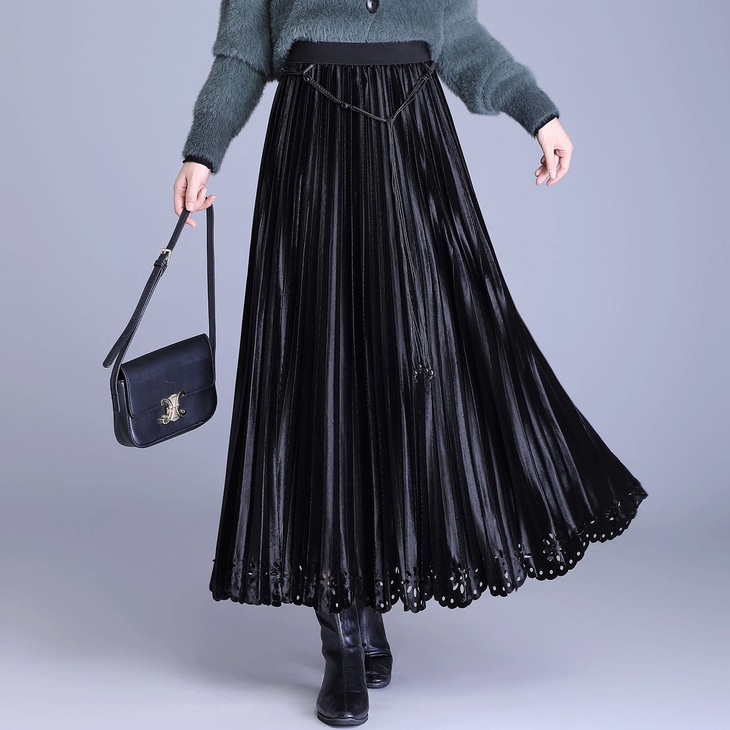 百褶裙女秋冬新款加厚高腰显瘦金丝绒a字半身裙高级感长裙大摆裙