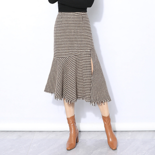 毛呢流苏格子鱼尾裙女秋冬季中长款高腰时尚开叉千鸟格包臀半身裙