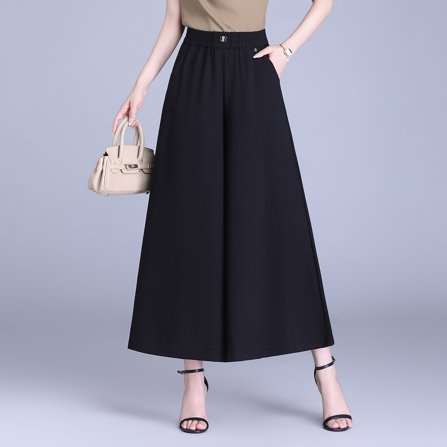 黑色松紧腰宽松中年妈妈裤子裙裤女春夏季薄款显瘦阔腿休闲九分裤