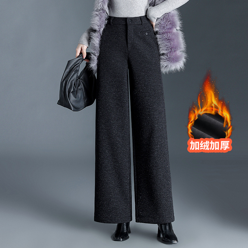 毛呢阔腿裤女加绒冬季2025新款高腰宽松加厚坠感休闲直筒裤子长裤