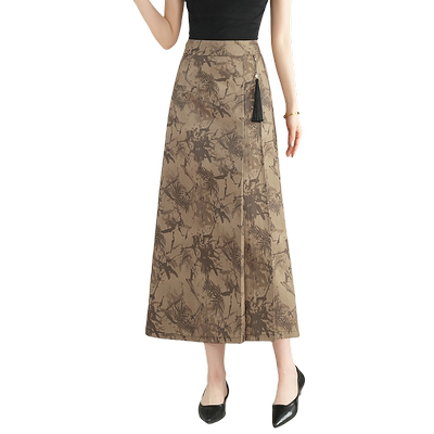 印花新中式半身裙高腰A字长裙