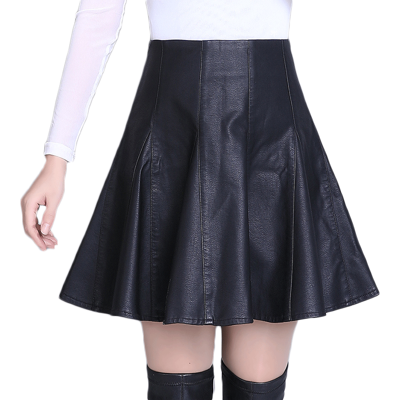 秋冬新款高腰显瘦时尚PU皮百褶裙小个子a字半身裙短裙女蓬蓬伞裙