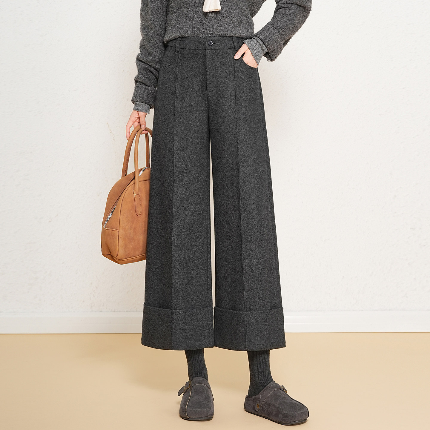 羊毛裤时尚卷边直筒休闲裤女2025冬季新款加厚高腰阔腿八分裤靴裤