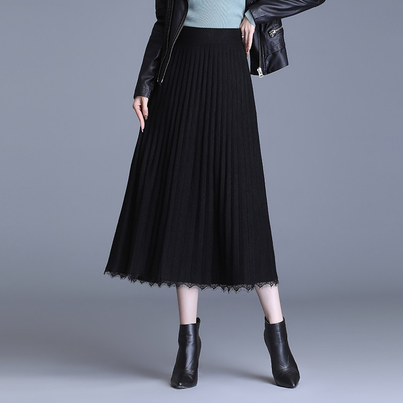 毛线针织裙高腰a字半身裙女秋冬季加厚中长款百褶裙蕾丝边大摆裙