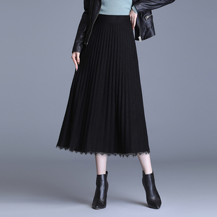 毛线针织裙高腰a字半身裙女秋冬季 百褶裙蕾丝边大摆裙 加厚中长款