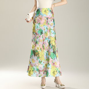 气质法式包臀油画风鱼尾裙女2025新款春夏显瘦优雅缎面半身裙长裙