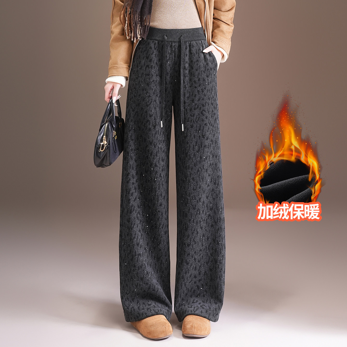 烫钻毛呢印花直筒阔腿裤女加绒冬季2025年新款高腰显瘦垂感弯刀裤,女装/女士精品,休闲裤,淘宝优惠券,粉丝福利购,淘宝优惠卷