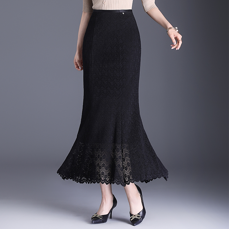 黑色蕾丝长裙鱼尾裙2025春季新款遮胯显瘦垂感半身长裙弹力包臀裙