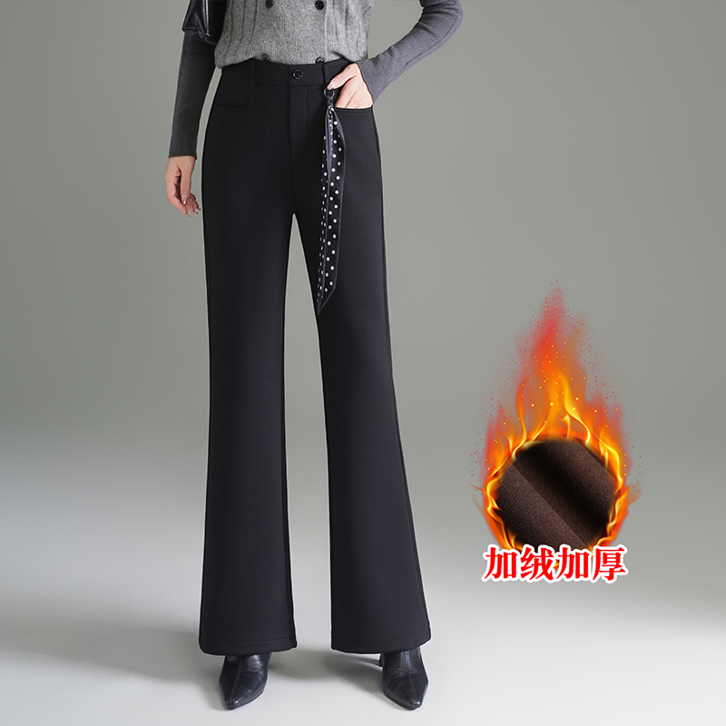黑色加绒坠感直筒裤喇叭裤女2025冬季新款加厚高腰显瘦西装休闲裤