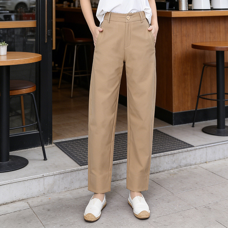 卡其色休闲直筒镰刀裤女2026春季新款通勤高腰垂感九分小脚西装裤