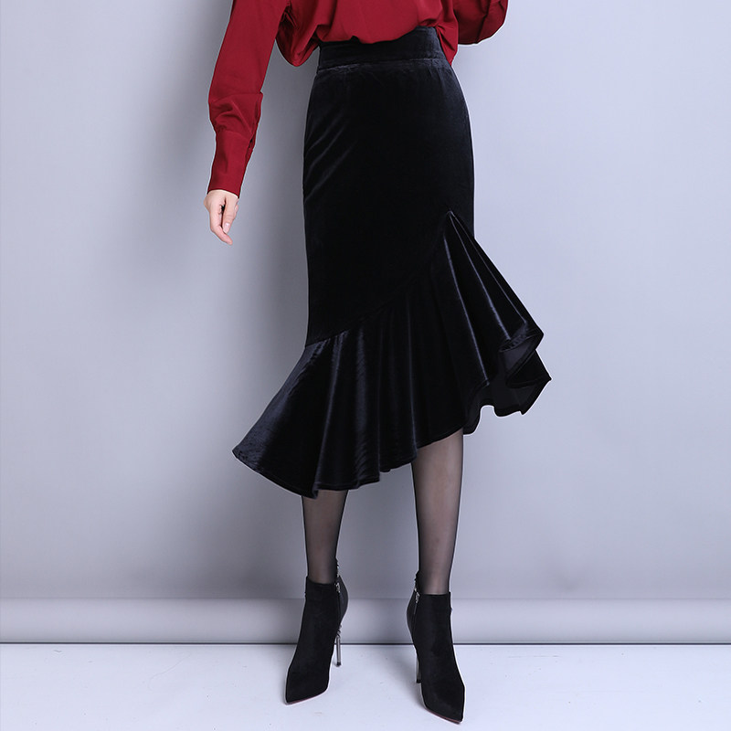 金丝绒鱼尾裙半身裙女秋冬季新款设计感不规则a字裙荷叶边中长裙