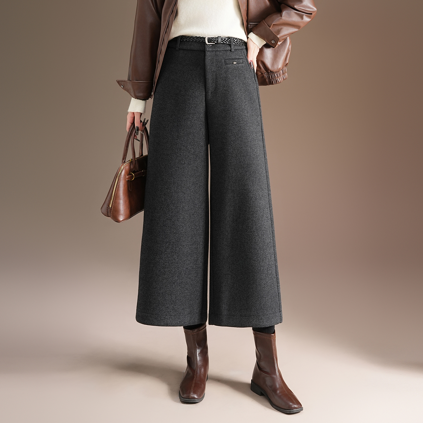 秋冬羊毛呢阔腿裤女加厚小个子九分阔脚裤显瘦显高直筒宽腿八分裤