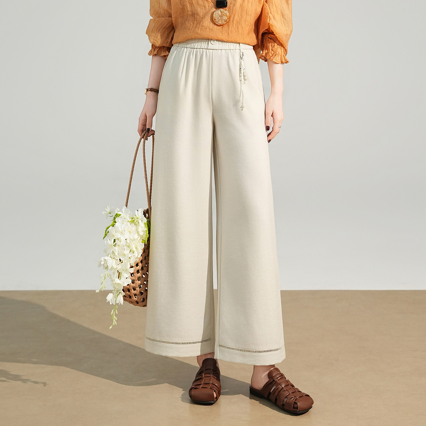 阔腿裤女2026春季新款高腰垂感小个子宽松亚麻休闲裤九分裤直筒裤
