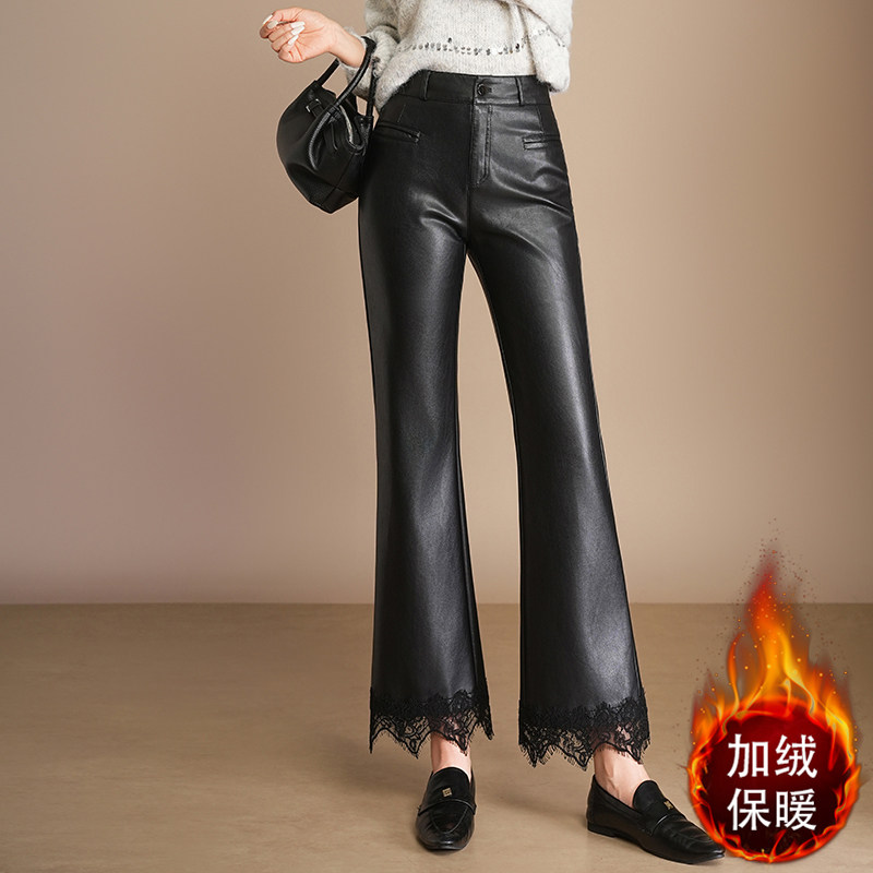 加绒黑色微喇皮裤女2025冬季新款高腰显瘦蕾丝拼接九分休闲喇叭裤,女装/女士精品,休闲裤,淘宝优惠券,粉丝福利购,淘宝优惠卷