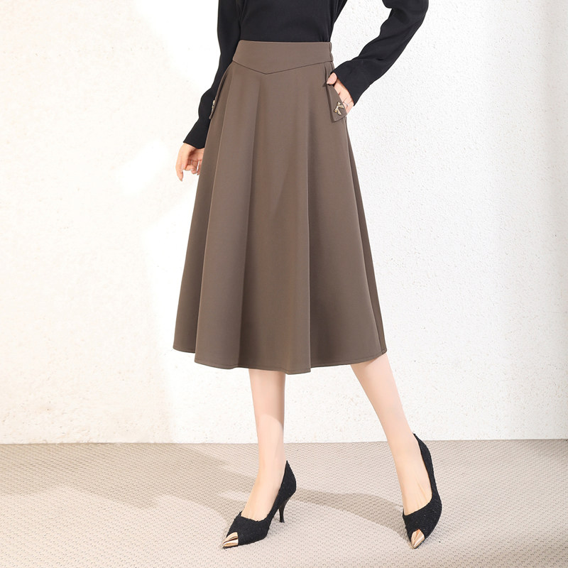 a字半身裙女春秋中长款收腰遮肚显瘦垂感大码伞裙百褶裙高腰裙子