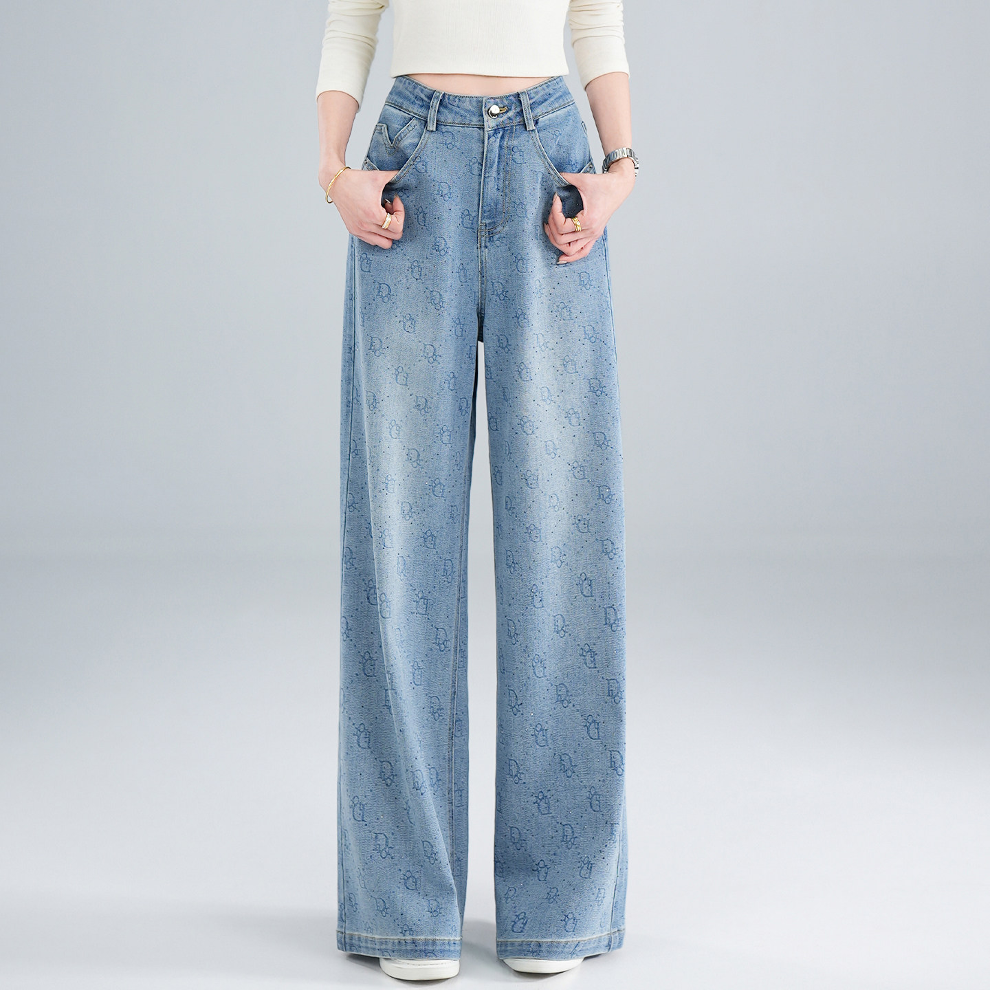 烫钻提花阔腿牛仔裤女2026春季新款高腰显瘦垂感薄款宽松直筒裤子