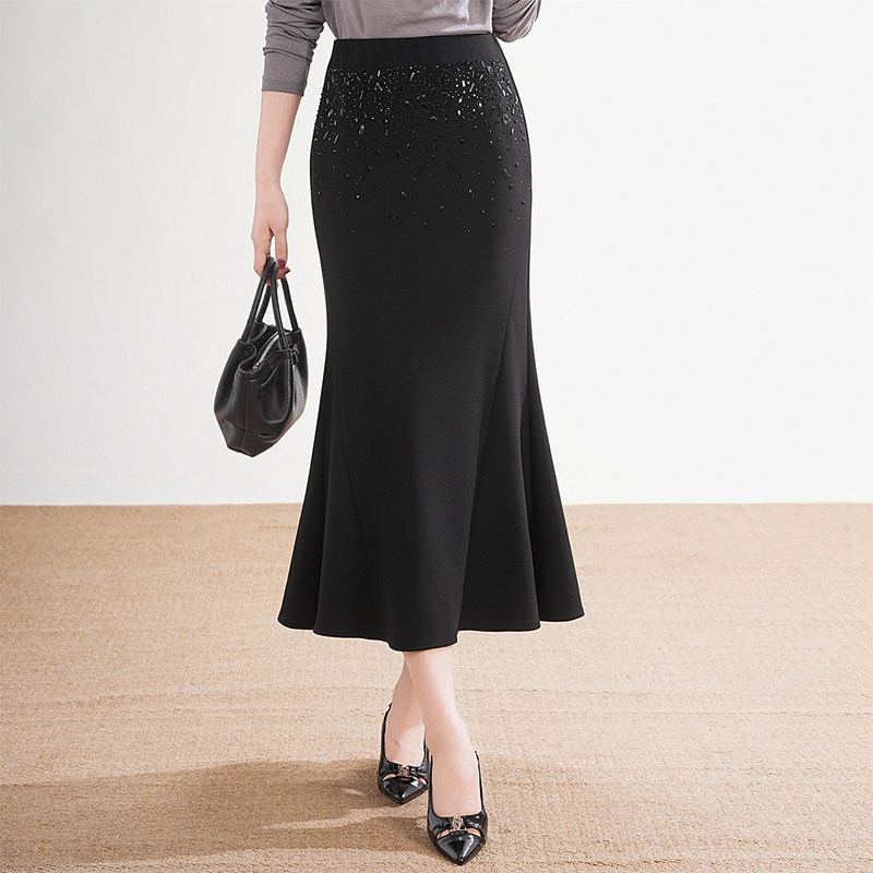 鱼尾裙女烫钻高级感黑色半身裙高腰弹力包臀西装裙垂感春秋中长款
