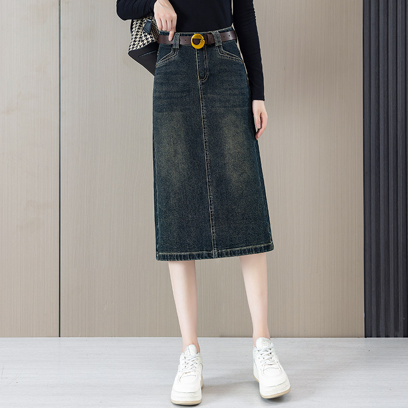 小个子春季牛仔半身裙女新款高腰腰带百搭直筒一步裙中长款包臀裙