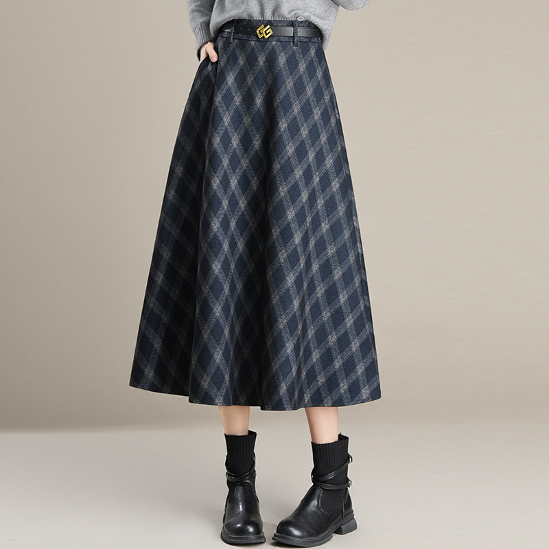 小个子毛呢格子半身裙女加厚秋冬季高腰显瘦中长款复古伞裙a字裙