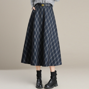 小个子毛呢格子半身裙女加厚秋冬季高腰显瘦中长款复古伞裙a字裙
