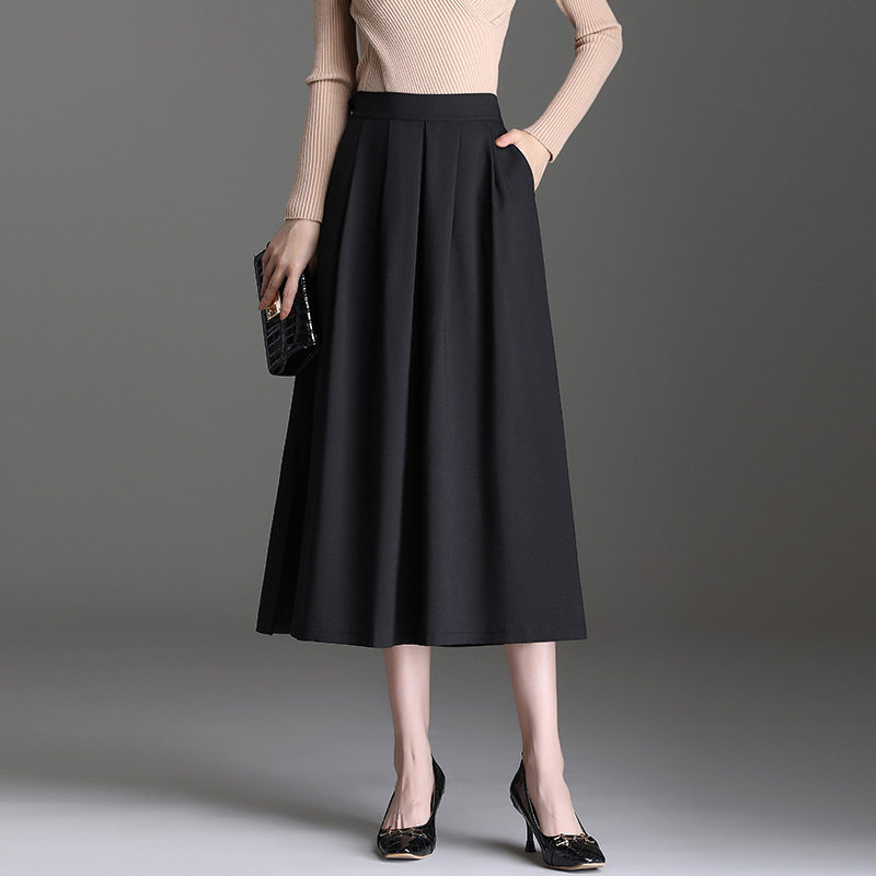 职业简约黑色百褶裙女百搭高腰显瘦垂感通勤中长款半身裙大摆裙子