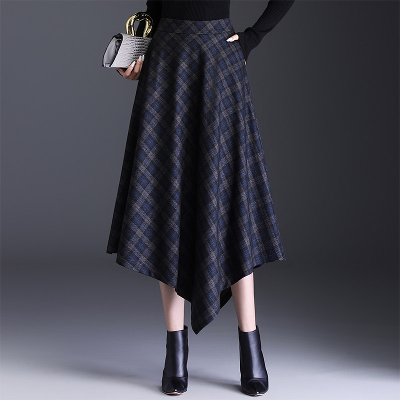 不规则简约毛呢格子半身裙女秋冬新款设计感遮胯显瘦a字半裙长裙