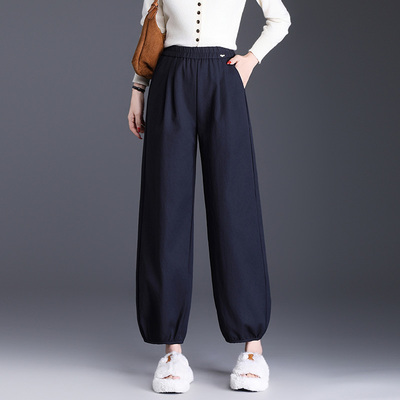 藏青色直筒灯笼裤女2025秋季新款显瘦宽松阔腿松紧腰休闲裤九分裤