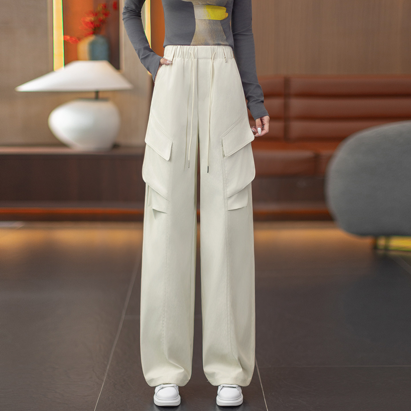 收腹抽绳工装裤女2025秋冬新款阔腿设计感小众显瘦遮腿粗直筒裤子