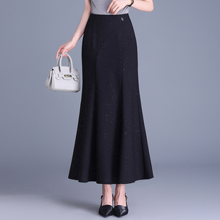 显瘦黑色长裙鱼尾裙2025春季半身裙高腰烫钻新款闪闪亮片裙包臀裙