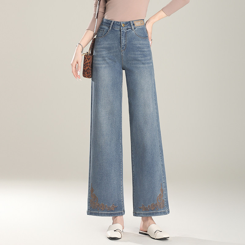 刺绣牛仔裤子高腰窄版阔腿裤2025年春款百搭休闲小个子裤子直筒裤