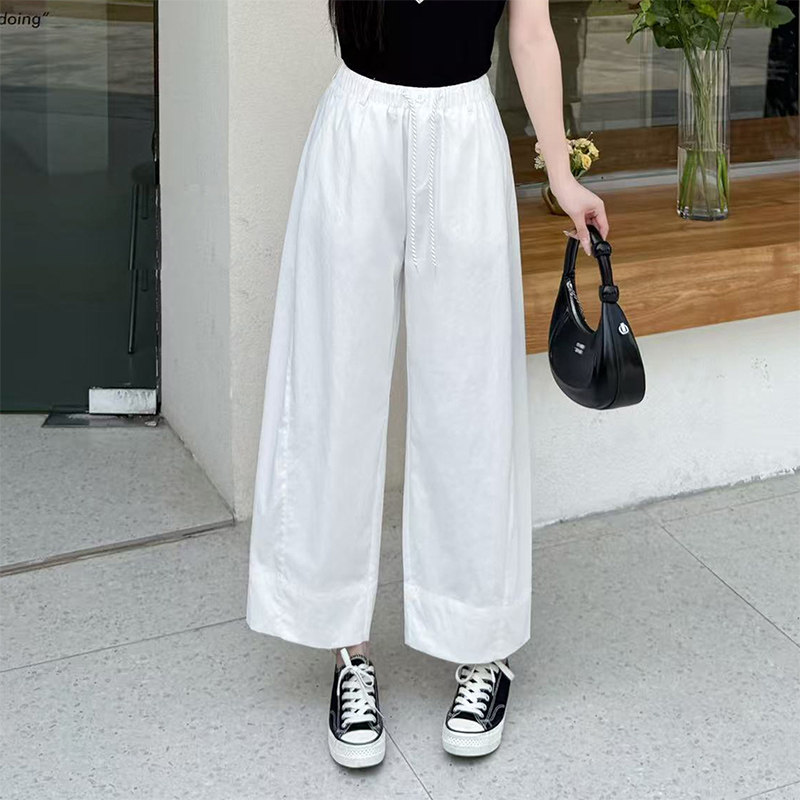 韩系简约白色休闲阔腿裤女薄款防透2026春夏季百搭宽松直筒九分裤