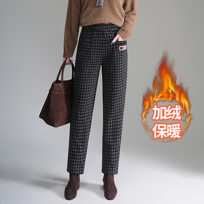 加绒毛呢格子休闲小脚裤哈伦裤女冬季高腰保暖中老年小个子妈妈裤