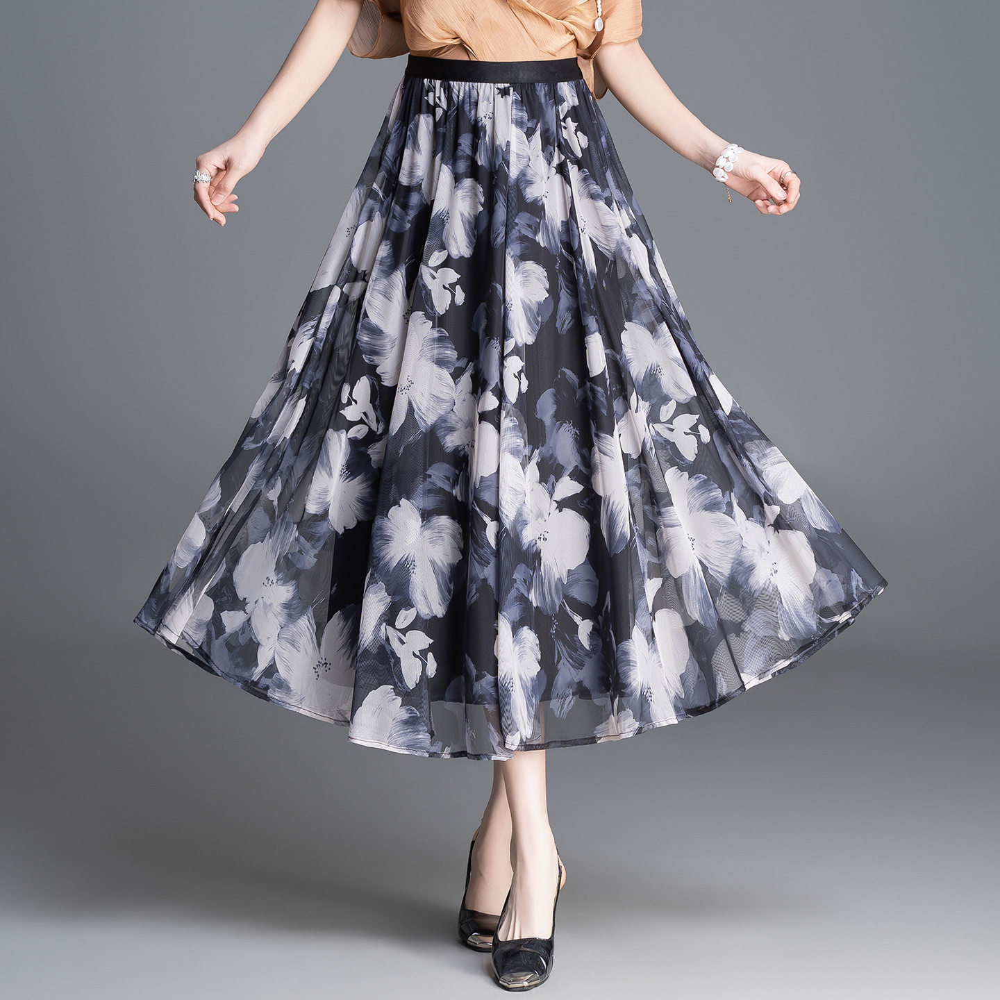 雪纺印花半身裙2026春夏季新高腰时尚大摆裙显瘦a字中长款百褶裙