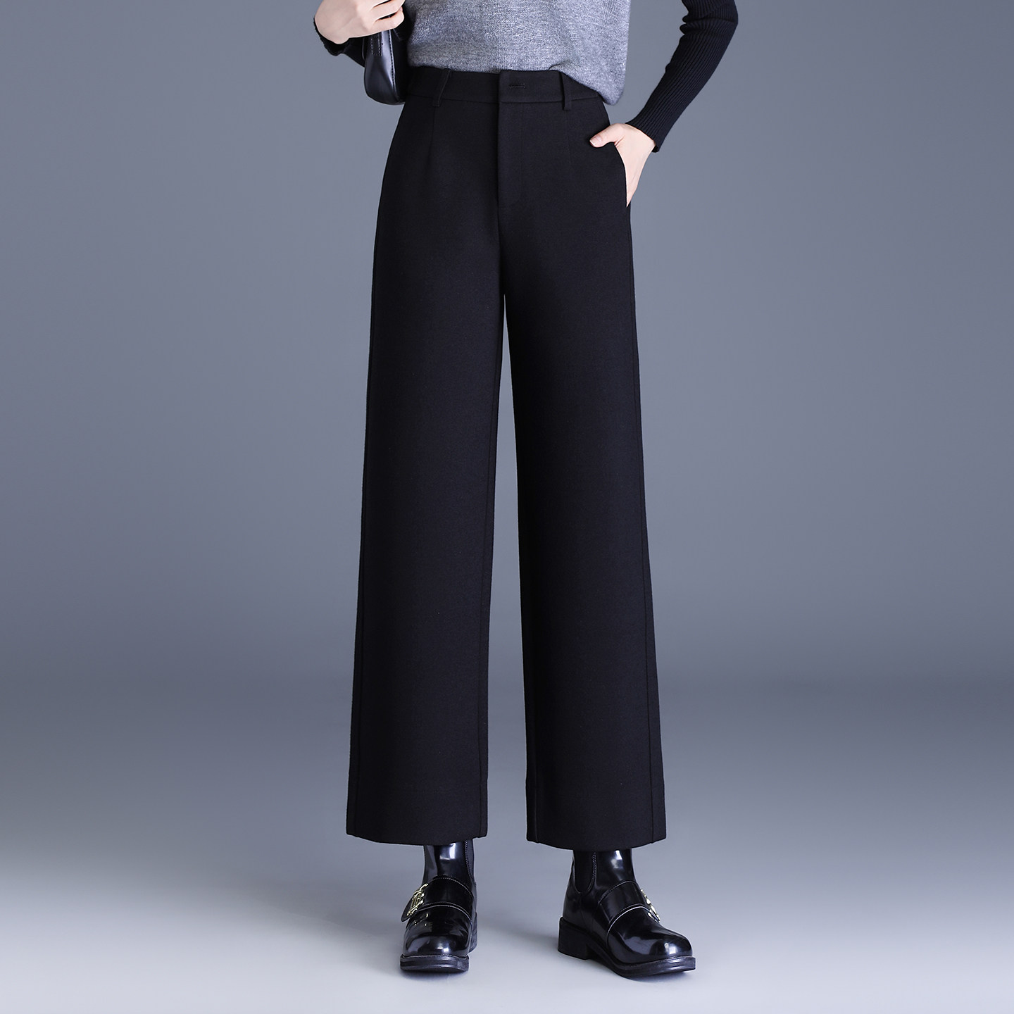 黑色羊毛呢阔腿裤女秋冬季新款高腰显瘦垂感小个子九分窄版直筒裤