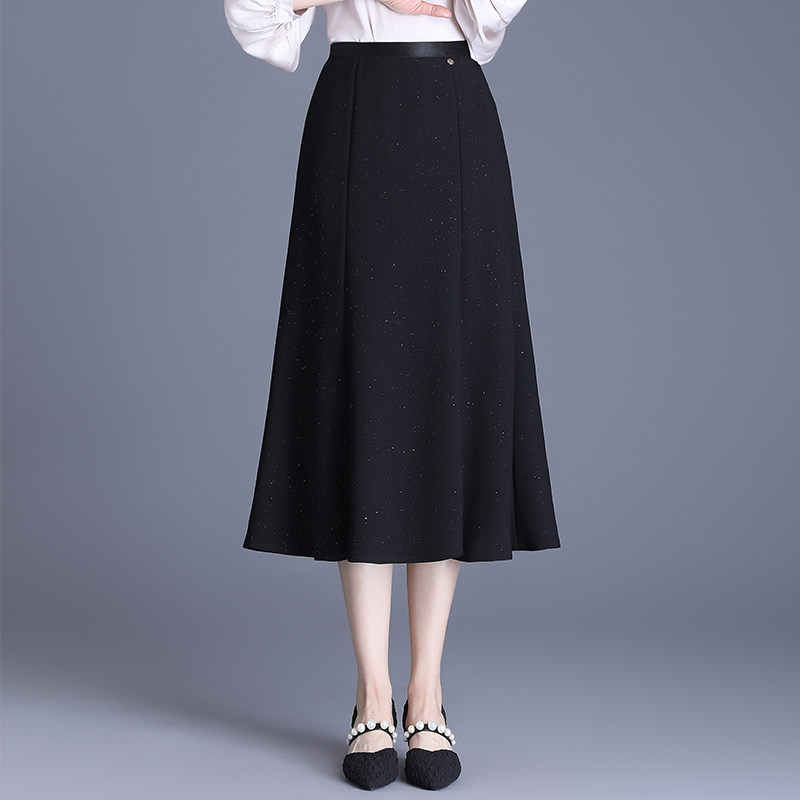 黑色亮片半身裙女中长款春季新款高腰显瘦垂感大摆伞裙鱼尾a字裙