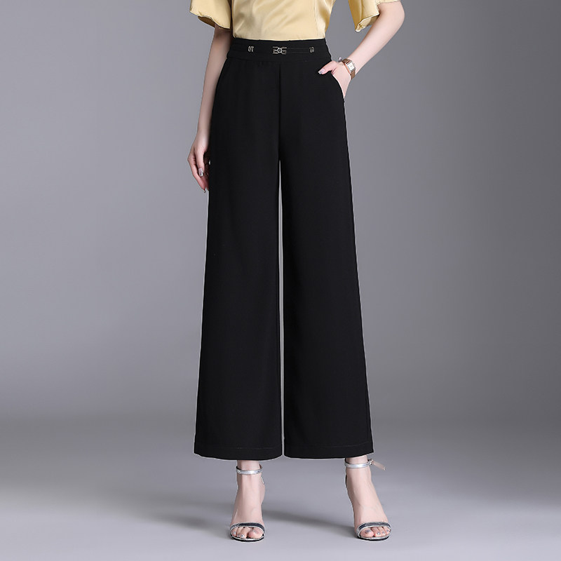 冰丝雪纺直筒阔腿裤女夏2025年新款高腰垂感通勤薄款黑裤子九分裤