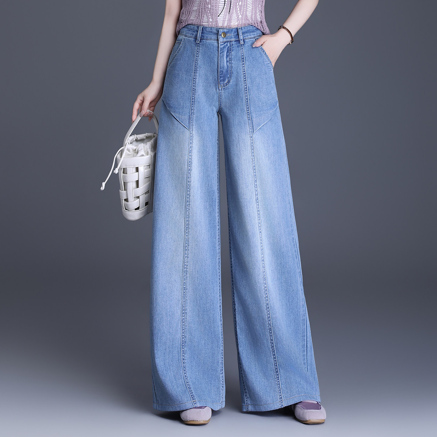 浅色a版水洗阔腿牛仔裤女2026夏季薄款高腰显瘦宽松时尚大直筒裤