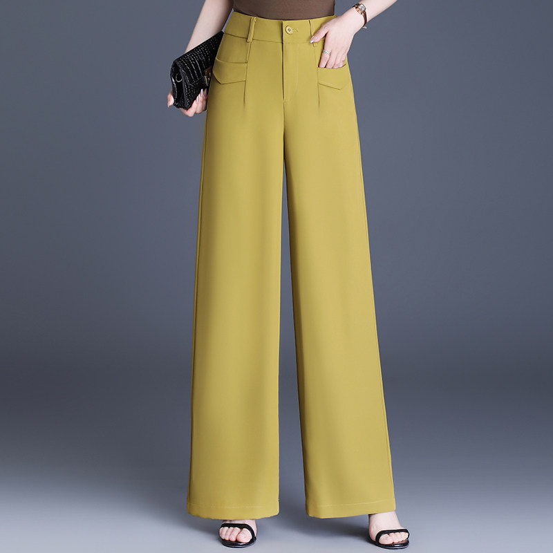 黄色冰凉丝直筒西装阔腿裤女春夏季薄款高腰显瘦九分裤休闲长裤子