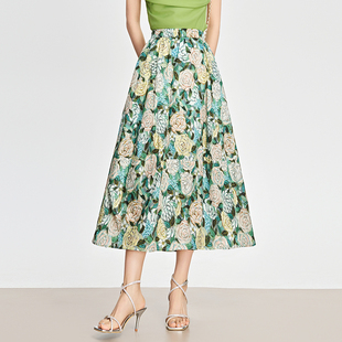 高腰a字裙女2025年夏季薄款复古油画风印花中长款显瘦蓬蓬半身裙