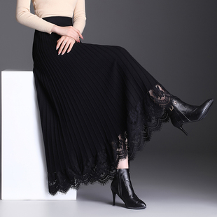 蕾丝拼接针织半身裙女秋冬2025年新款加厚大摆高腰显瘦a字裙长裙