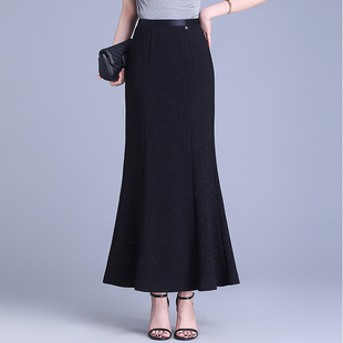 亮晶晶黑色裙子长款鱼尾裙2025春季新款高腰包臀显瘦垂感半身长裙