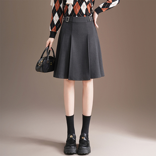 灰色毛呢百褶中裙半身裙2025秋冬季新款高腰显瘦韩版小个子a字裙