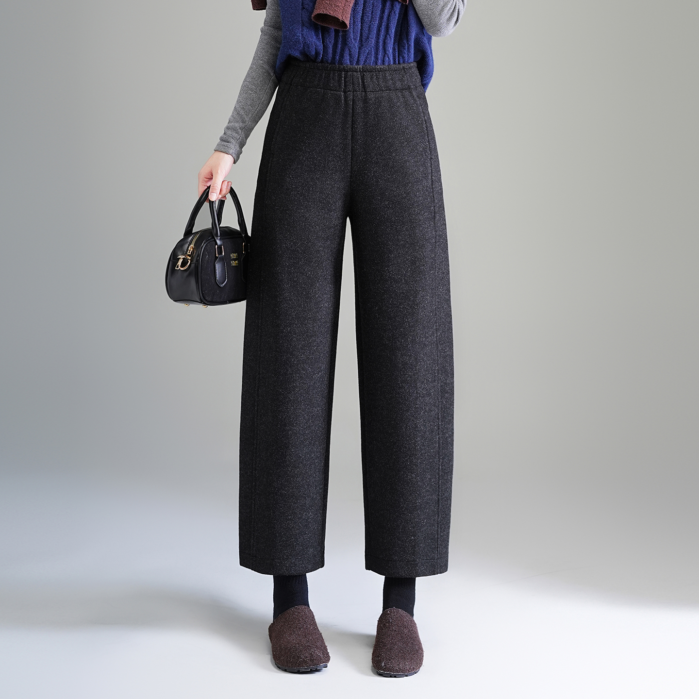 窄版毛呢阔腿裤女秋冬新款小个子穿搭高腰显瘦加厚九分直筒休闲裤