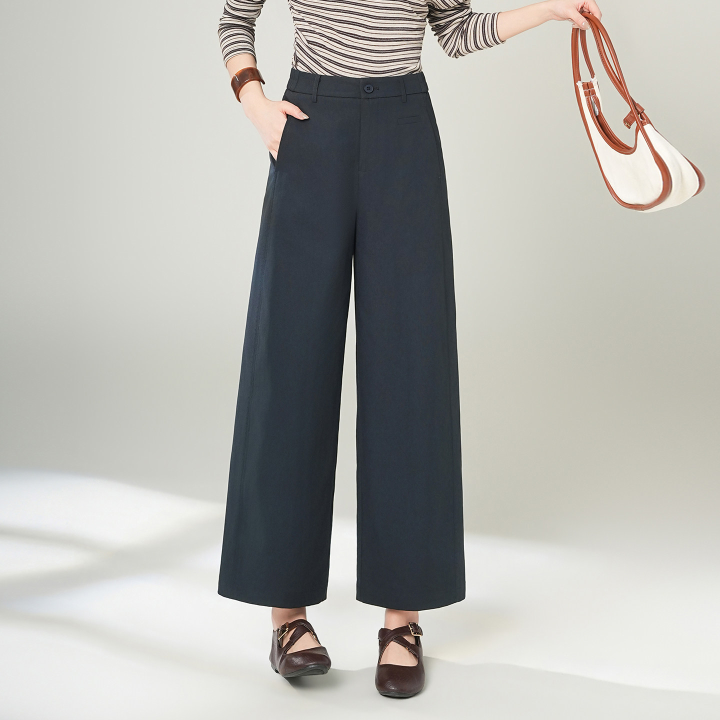 藏青色休闲九分裤女2026春夏季小个子直筒裤子高腰显瘦遮胯阔腿裤