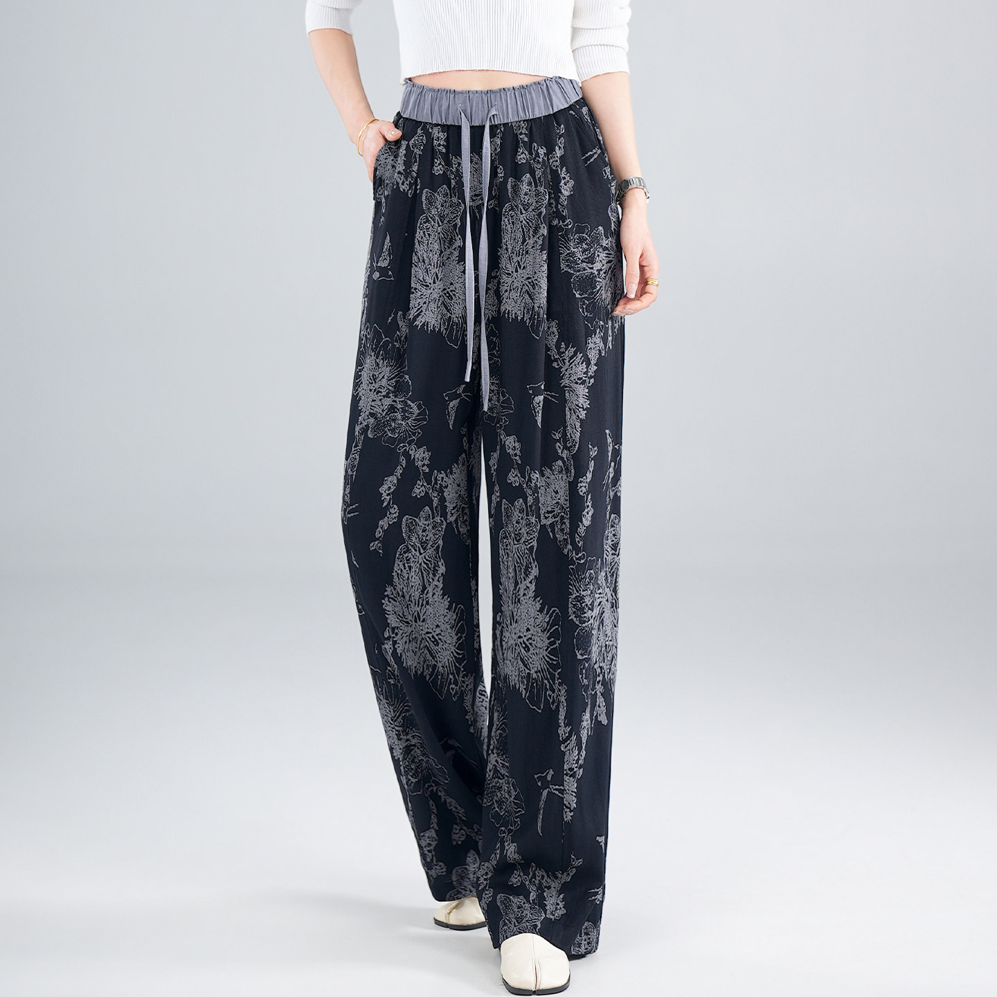 国风水墨印花阔腿裤女春款高腰抽绳宽松显瘦垂感休闲裤遛弯直筒裤