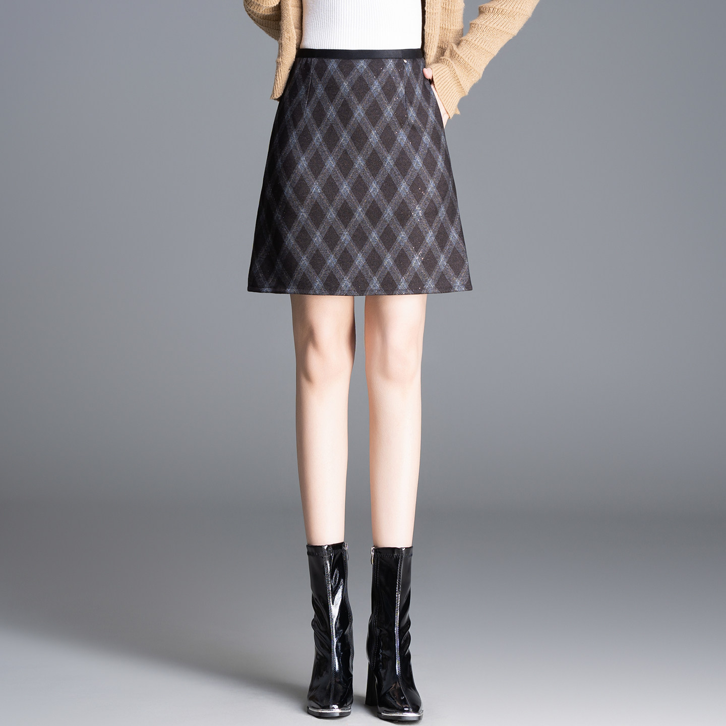 2025秋冬加厚亮片复古毛呢格子半身裙女高腰显瘦a字防走光短裙子