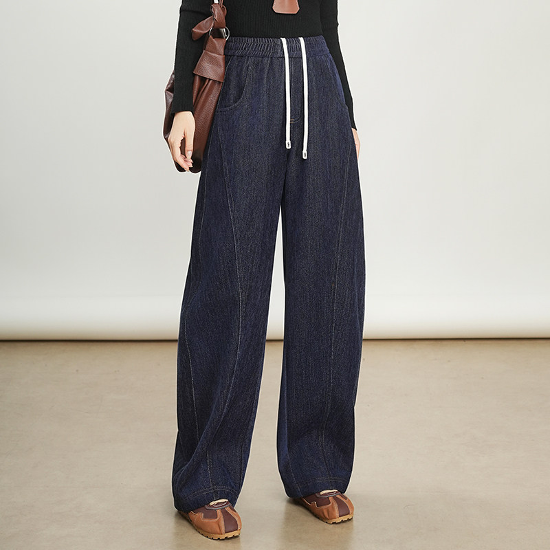 莱赛尔牛仔休闲裤女秋2025新款松紧腰设计显瘦抽绳阔腿镰刀长裤子