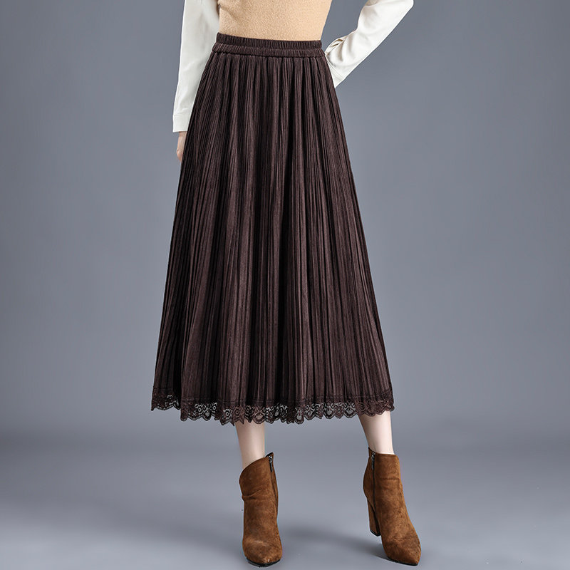 灯芯绒半身裙女新款秋冬百搭高腰显瘦遮胯中长款蕾丝边百褶a字裙