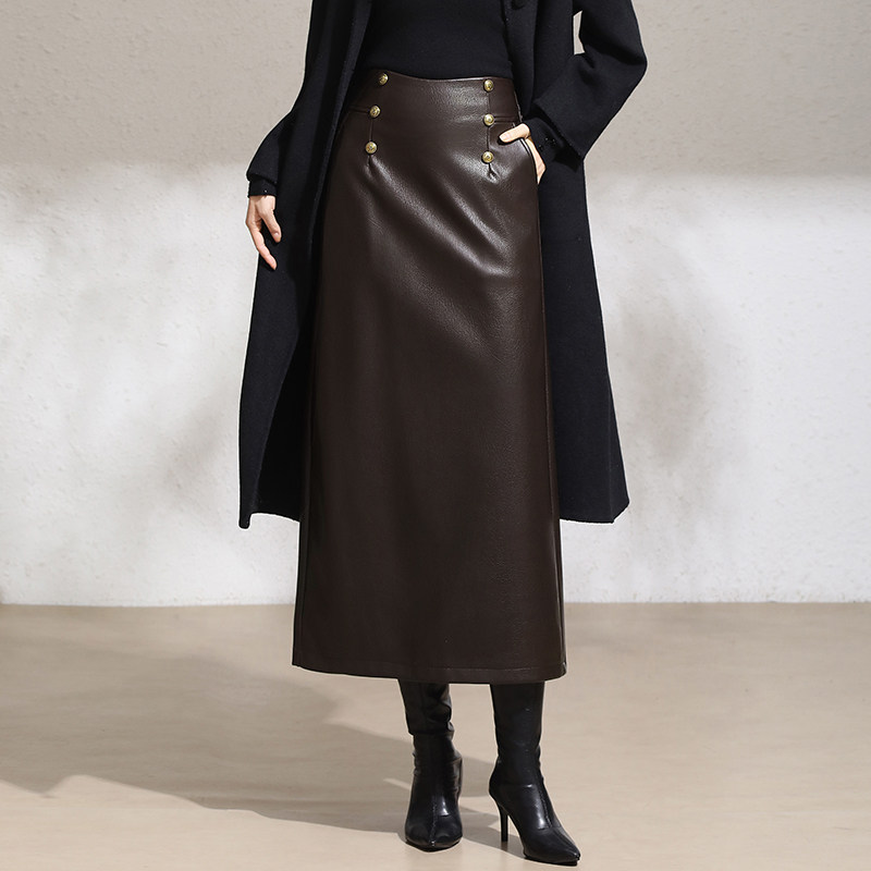 高级感时尚排扣皮裙开叉气质包臀裙pu皮长裙女高腰秋冬直筒半身裙